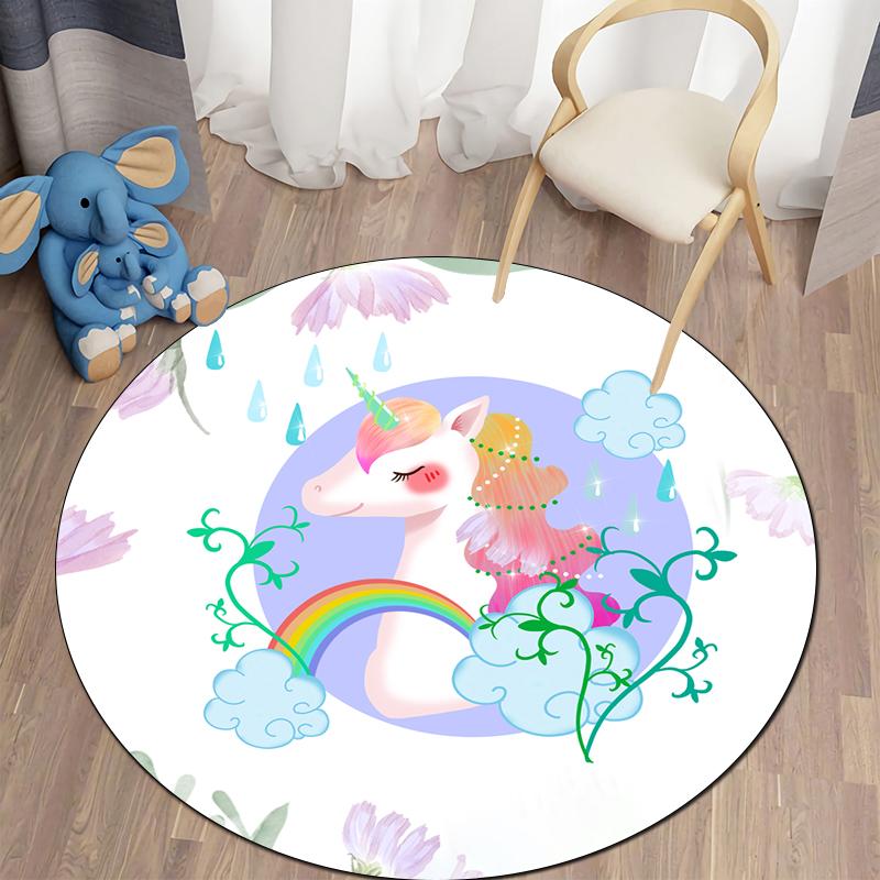 Alfombra redonda con bonitos dibujos de unicornios para dormitorio de niños, alfombra antideslizante para gatear, alfombra para sala de estar, felpudo decorativo para el baño