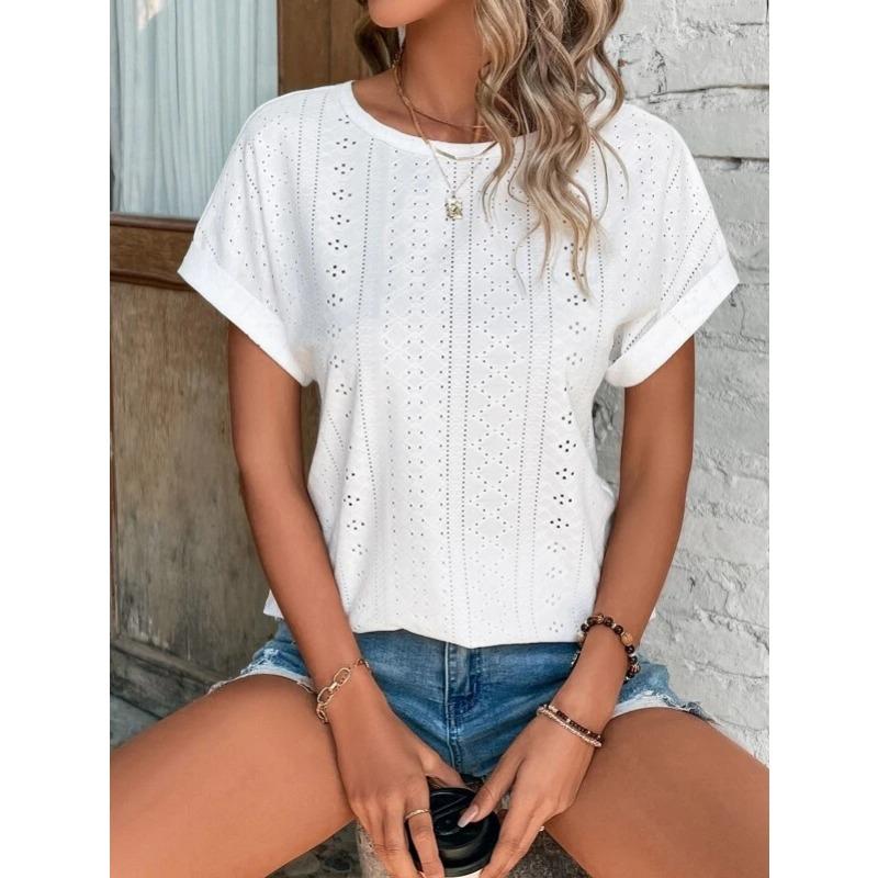Fashion Casual Bat Short Sleeves Hollow Blouse Women O Neck Loose Summer T Shirts Female Office Tops Sweet Embroidery Solid Color Elegant Clothing