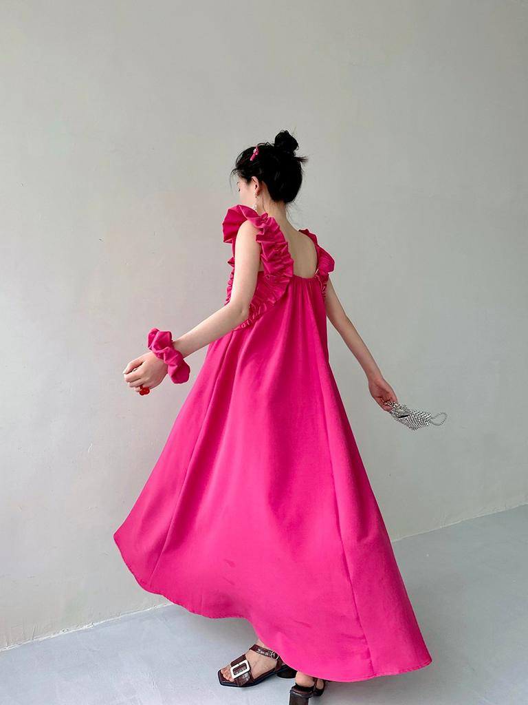 Xiaofei Ärmelloses Rose Rot Quadratischer Ausschnitt Kleid Damen Sommer Neu Sexy Rückenfrei Schlank Skinny Rock