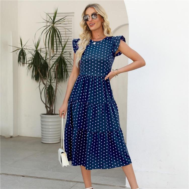 Summer Women Sleeveless Round Neck Ruffled Dot Print Long Dress Polka