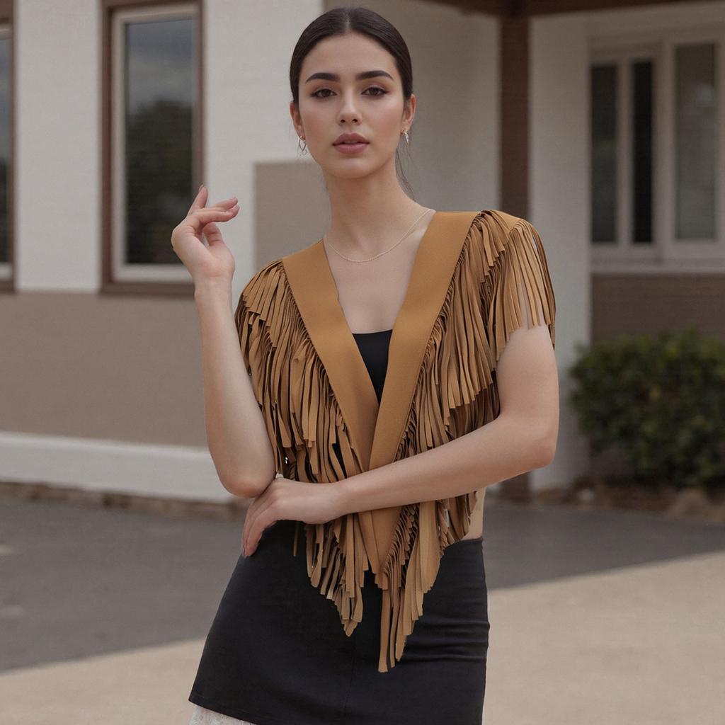 Damen Wildleder Quasten Weste 70er Jahre Hippie Outfit Ärmellos Offene Vorderseite Weste Western Kragen