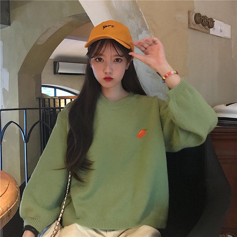 Sweater Girl Student Korean Loose Winter and Autumn Fruit Embroidery Pullover Sweater Female Candy Color Sweater