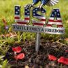 Metal Outdoor Garden Stake with Eagle and USA Design Featuring Faith Family and Freedom Text Suitable for Yard Decoration and Lawn Display