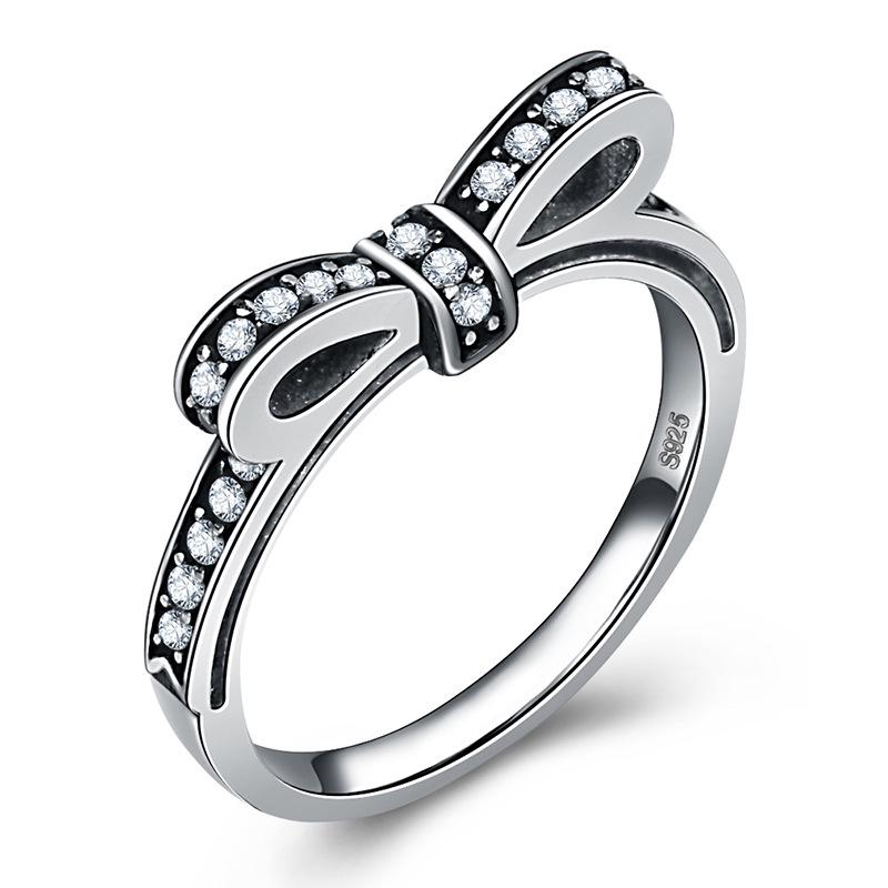 European Bow Ring Women S White Copper Silver-Plated Jewelry Ring Thai Silver Retro Diamond-Set Smeared Pair Ring no. 8