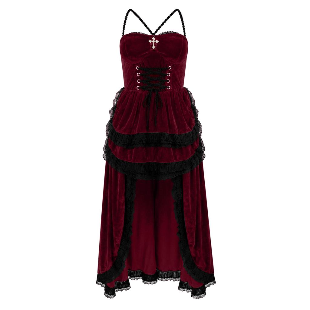Robe gothique en velours et dentelle noire et rouge pour fête costumée d'Halloween