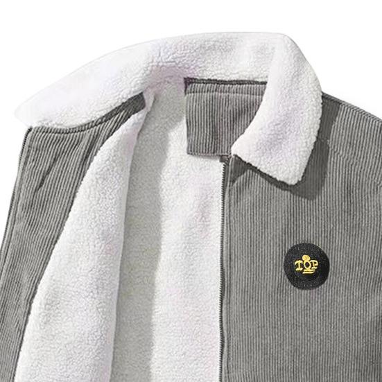 Giacca da uomo con risvolto, manica lunga, fodera in peluche, tasche con patta, chiusura lampo completa, tinta unita, caldo, in velluto a coste