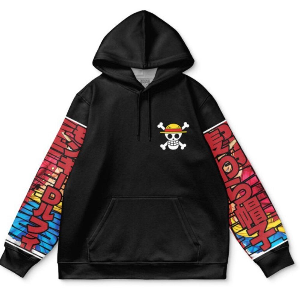 Anime One Piece Hoodie Luffy Battle Art Colorful Character Sleeve Print Long Sleeve Drawstring Pullover Sweatshirt Pirate Fans Streetwear Top