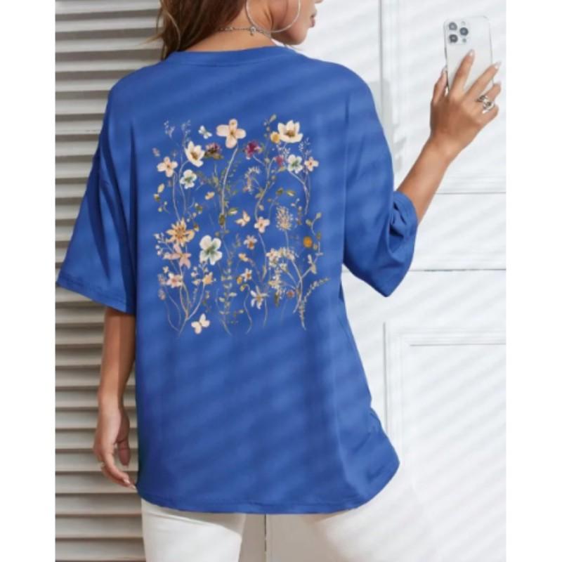 Women's Spring/Summer Fresh Print Short-Sleeve Top Breathable Loose-Fit Pullover T-Shirt