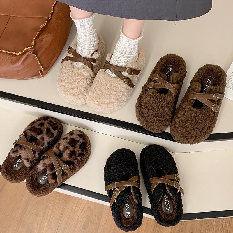 Leopard print fluffy shoes 2025 autumn and winter new thick-soled outer wear versatile fashion warm and height-increasing plush cotton slippers