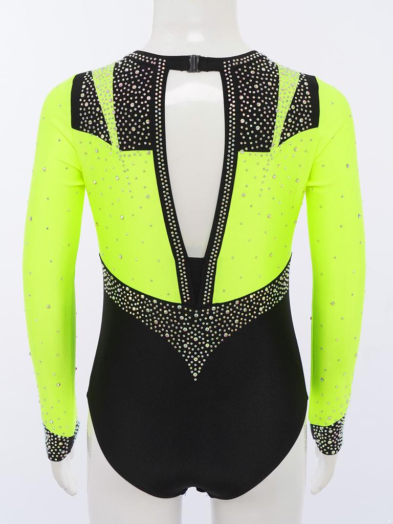 Girls Gymnastics Leotard Long Sleeve Keyhole Back Shiny Rhinestones Figure Skating Dancewear