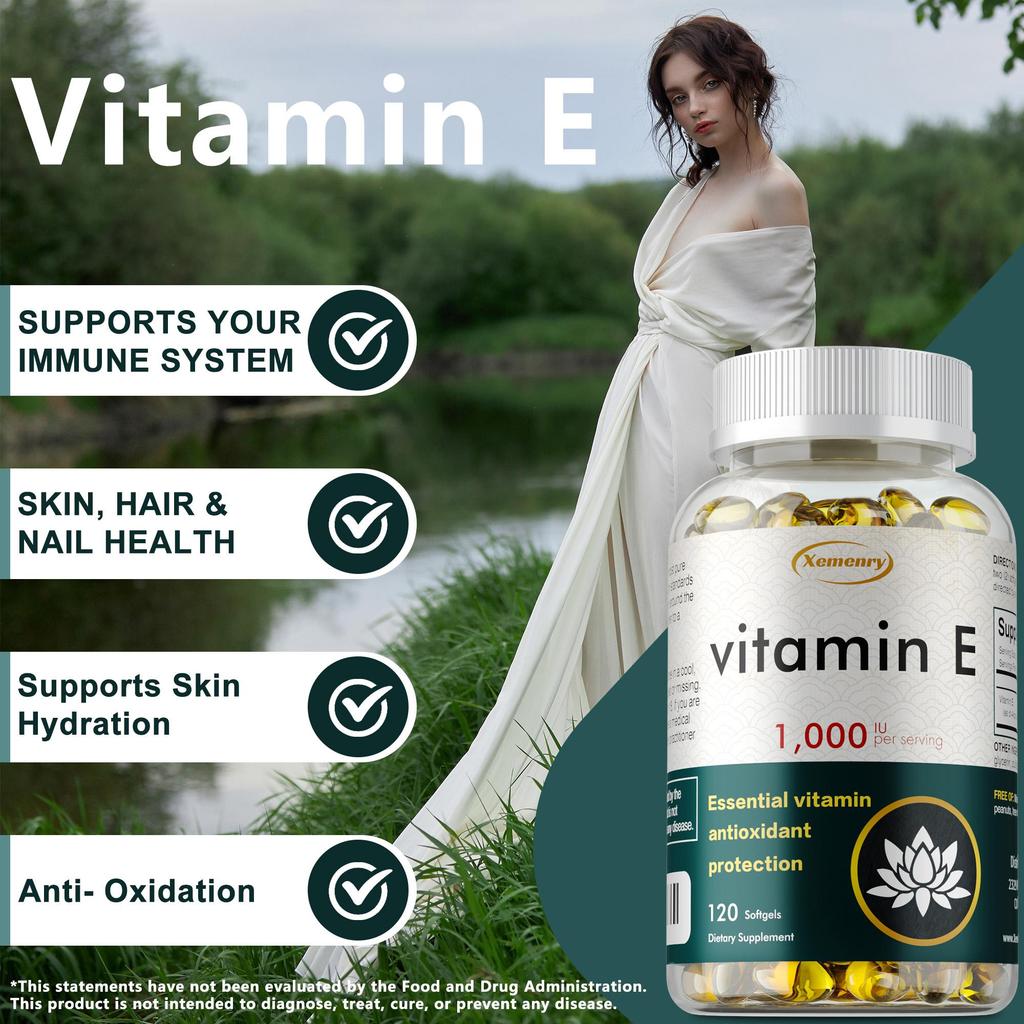 Kapsle s extraktem vitamínu E ve vysoké čistotě, zcela přírodní, bez lepku, 120 kapslí, vhodné pro dospělé.