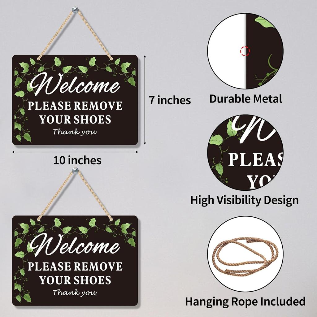 2 Pack Please Remove Your Shoes Front Door Signs - Aluminum Welcome Take Off Your Shoe Sign for Home with Hanging Rope - No Shoe Signs for House