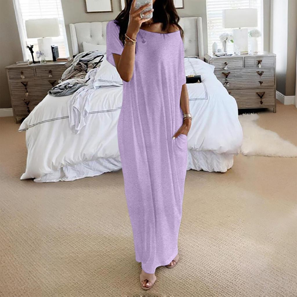 Women's Fashion Color Short-Sleeved Long Casual Dress