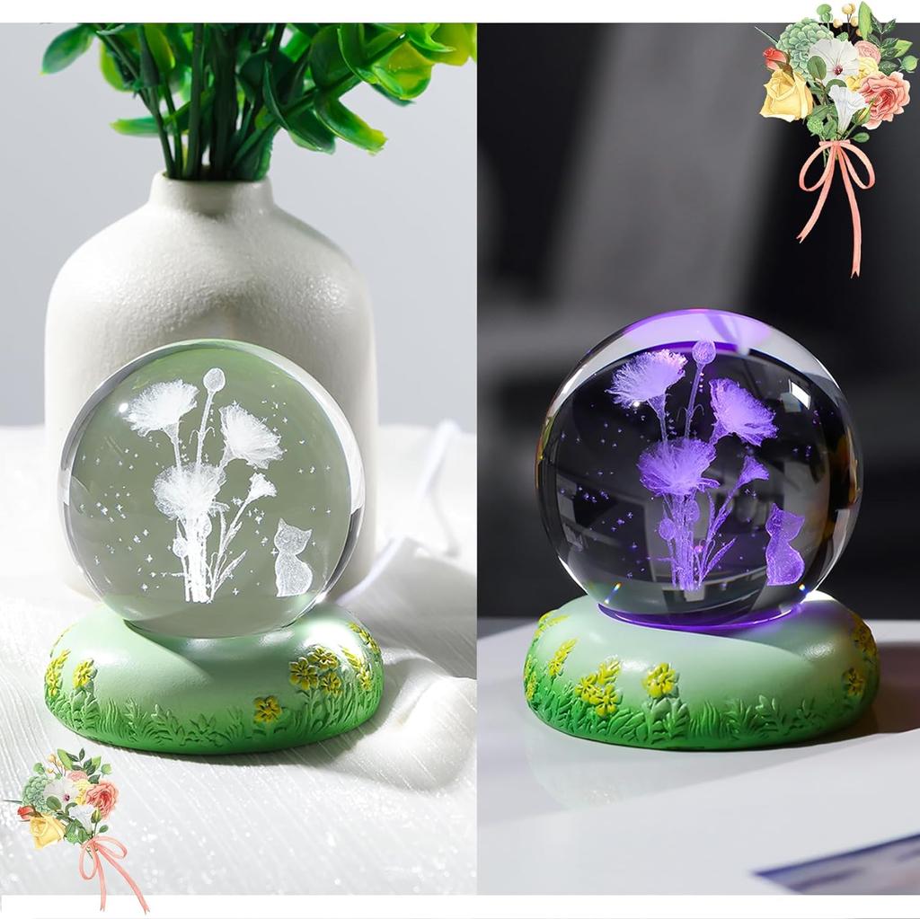 3D Crystal Ball Rose Carnation Flower Crystal Ball Night Light with Glowing Base Glass Ball Ornaments Mother's Day Birthday Gift