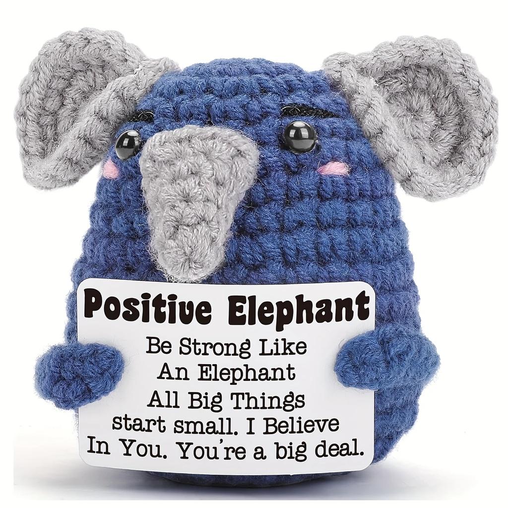 Handmade Crochet Positive Elephant Figurine with Message Card - Cute Knit Elephant Car Dashboard Decor Emotional Support