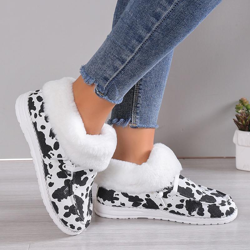 Plus Size Cotton Shoes Women's Winter 2025 New Casual Low-top Print Fleece Thickened Women's Snow Boots