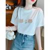 Bear White Cotton Short-sleeved T-shirt for Women Summer New Pearl Design Niche Unique Top