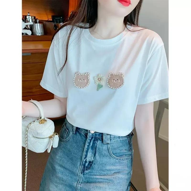 Bear White Cotton Short-sleeved T-shirt for Women Summer New Pearl Design Niche Unique Top