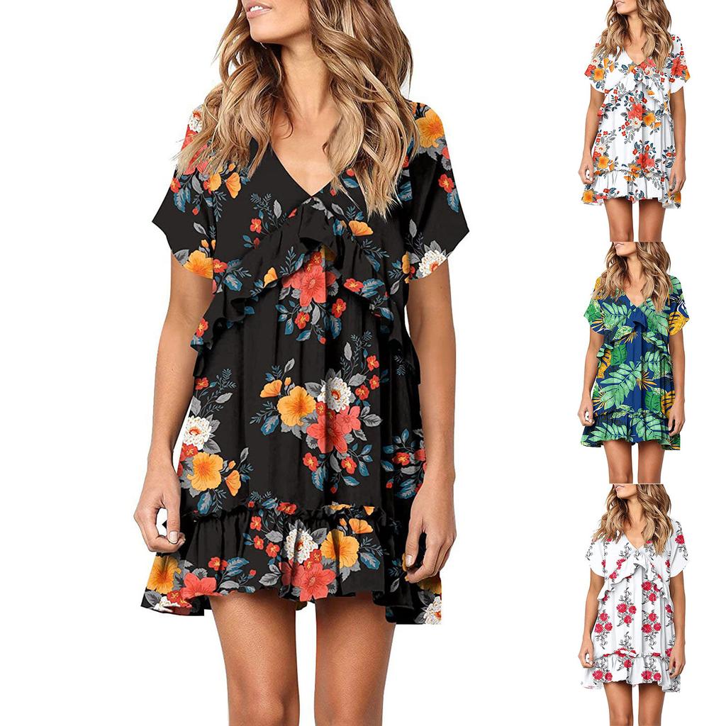 Fashion Women V-neck Printed Short Sleeve Dress Fresh Girly Style Dress