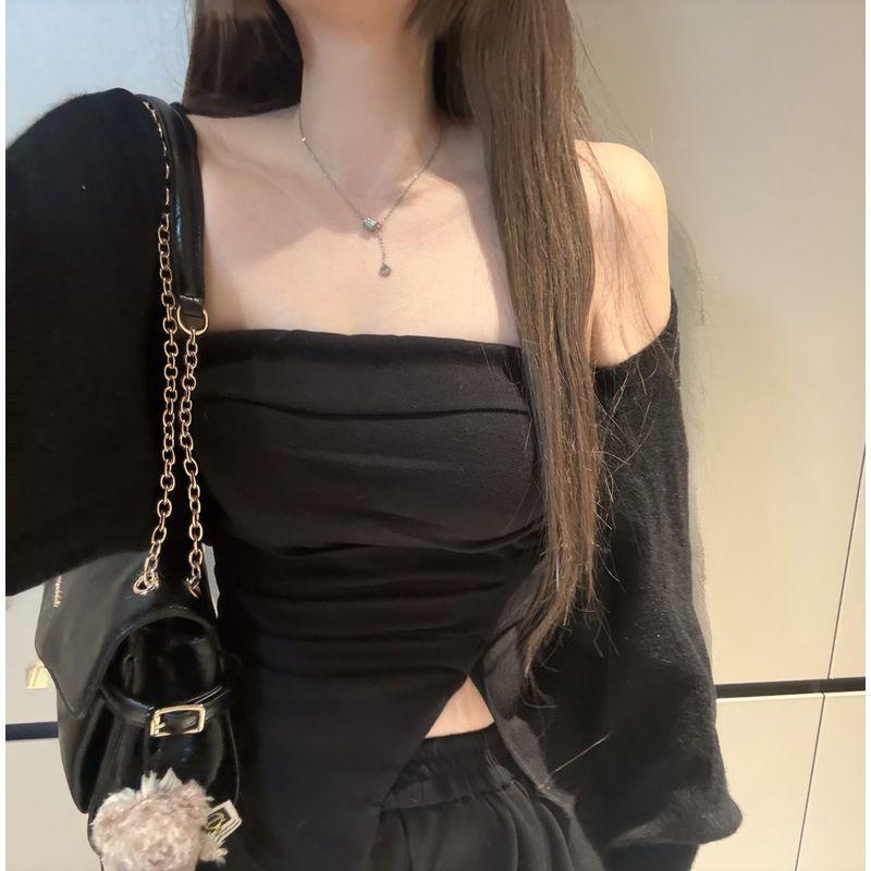 Kumikumi Idle Style Knitting Cardigan Outwear Women's Split Tube Top Vest Autumn Loose Casual Pants Three-Piece Set