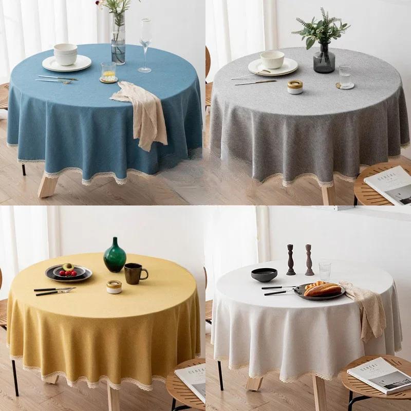 Modern Minimalist Linen Solid Round Tablecloth Handmade Lace Thickened Table Cloth Waterproof Dustproof Table Cover