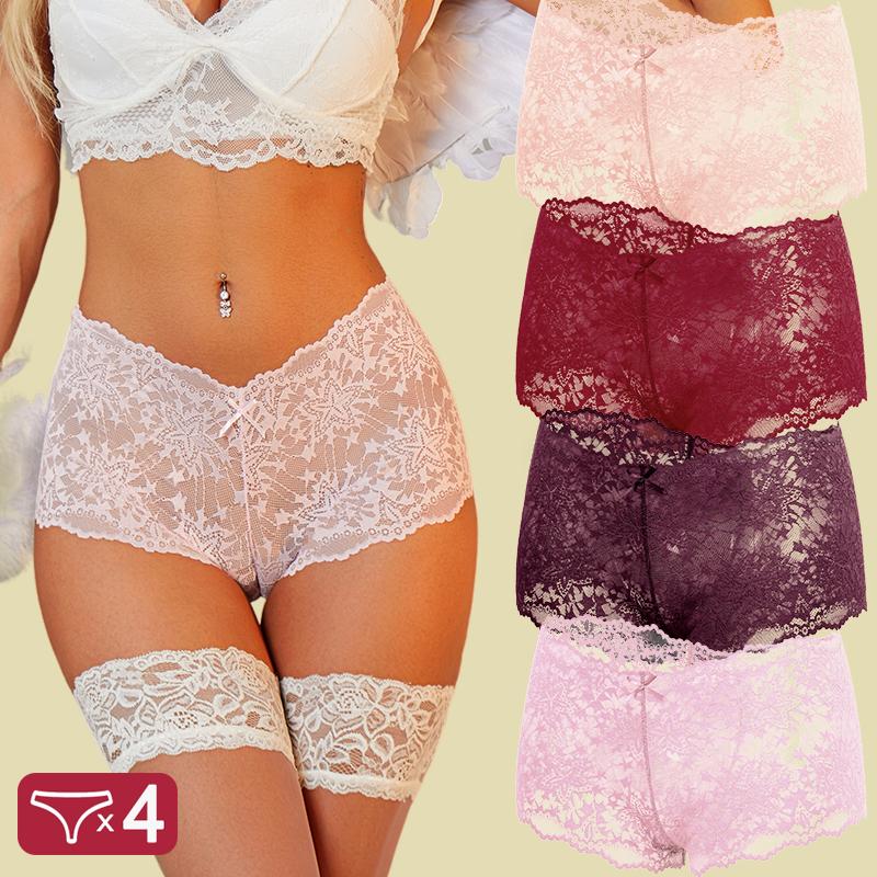 FINETOO 4Pcs/Set Women Panties Hollow Out Lace Mid Waist Elastic See-through Star Lace Four Cornered Pants Women Underpants