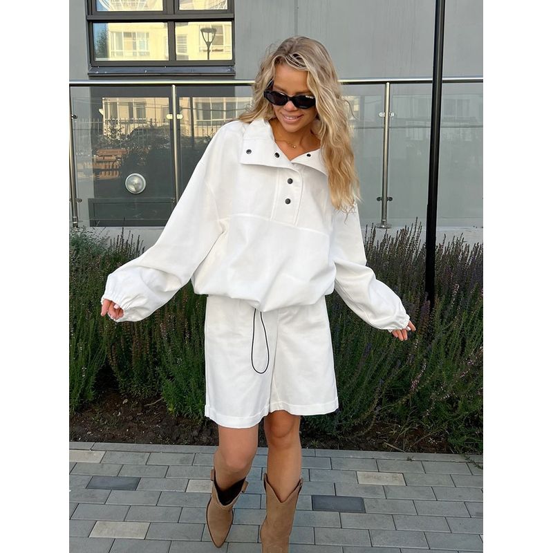 European and American Women Set White Sports and Leisure Two-piece Set Contrast Color Outdoor Long sleeve Shorts Set Spring and Summer New