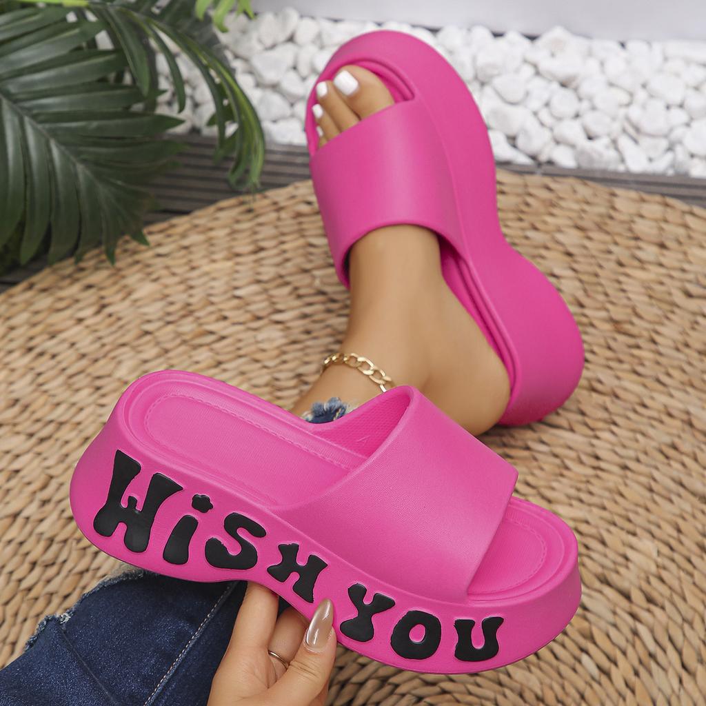 Chunky Platform Hot Pink Sandals Women Summer 2025 Thick Bottom Wedges Slides Woman Letter Printing Non Slip Beach Slippers Eva