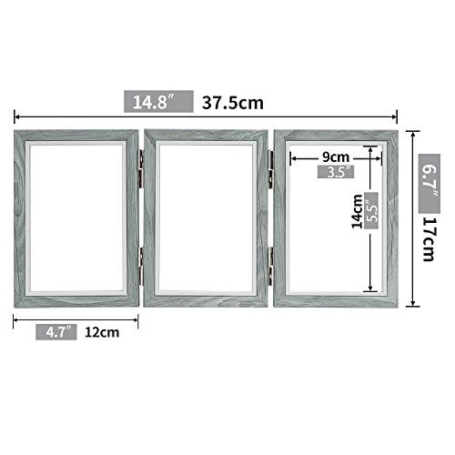 Afuly Wall-Mounted Photo Frame, 3-Panel, Postcard Compatible, Gray, Foldable, 360° Rotating, Wood Grain Finish, Perfect Gift for Weddings, Birthdays,