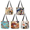 Cute Kawaii Cartoon Anime Cat Print Linen Tote Bag Women Fashion Handbags School Travel Shoulder Bags Reusable