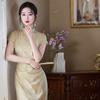 Yellow Modern Chinese Style Long Cheongsam Dress Women 2026 Vintage Short Sleeve High Waist Elegant Evening Gown