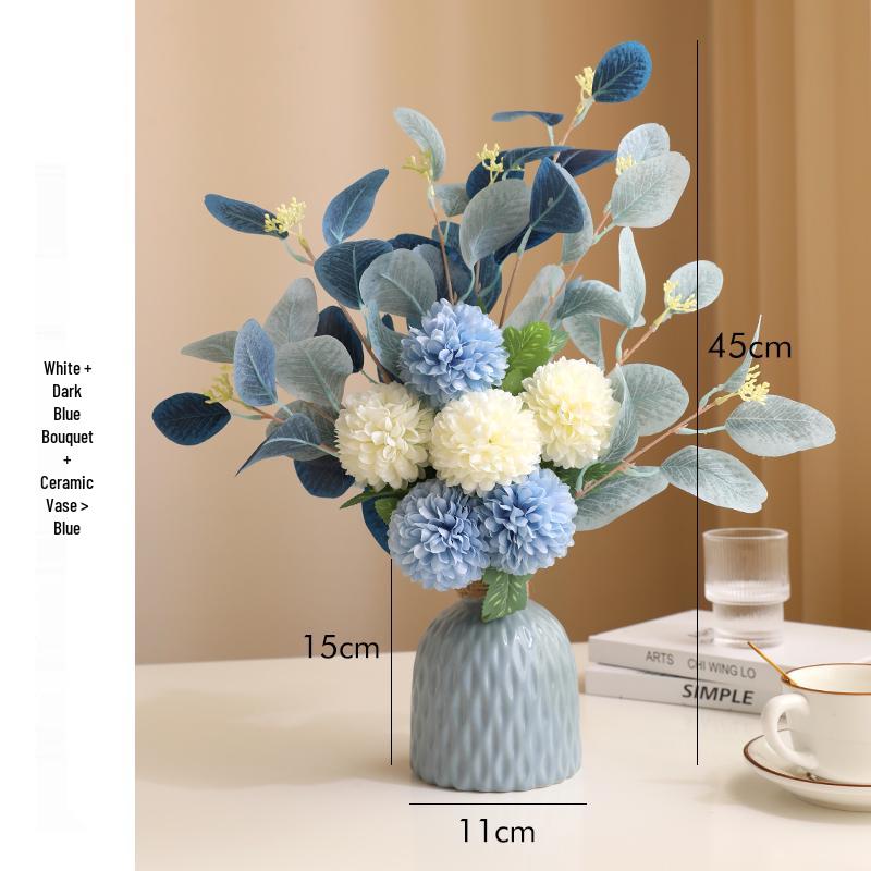 Eucalyptus Ball Chrysanthemum Bouquet in Ceramic Vase - Artificial Dried Flowers for Living Room or Dining Table Decor