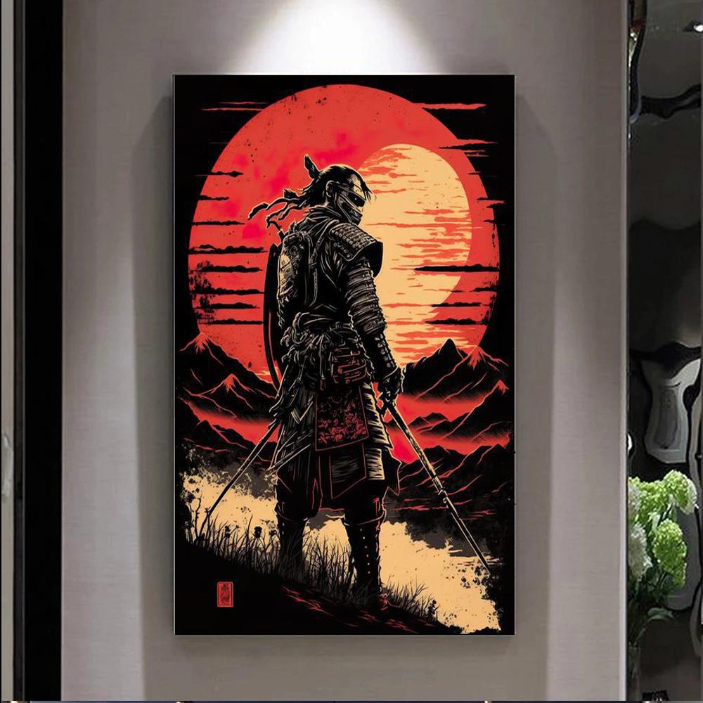Japanese Anime Samurai Sakura Warrior Figures at Sunset Art Painting Wall Canvas Posters Prints for Room Home Decor Frameless
