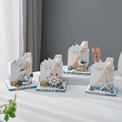 Mediterranean Style Creative Pen Holder Storage Box, Ocean Style Home Wood Office Desktop Decoration Gift