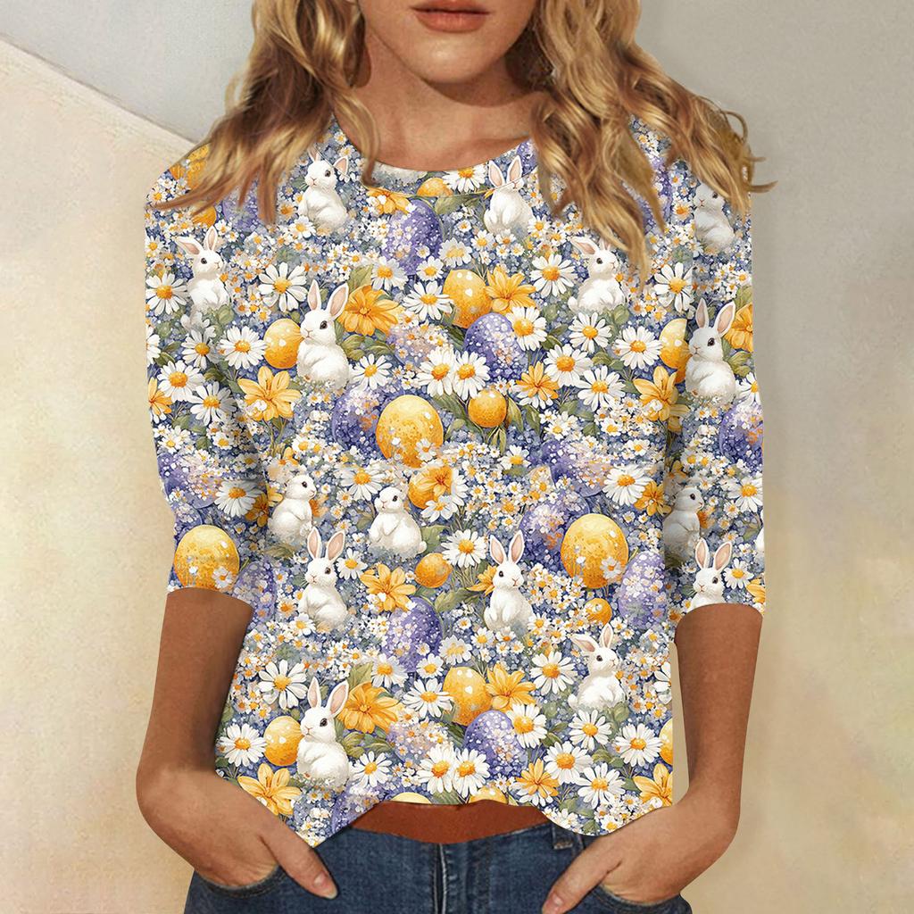 Women's Tops Three-quarter Sleeve Shirt Round-neck Loose Casual Shirt Print T-shirt