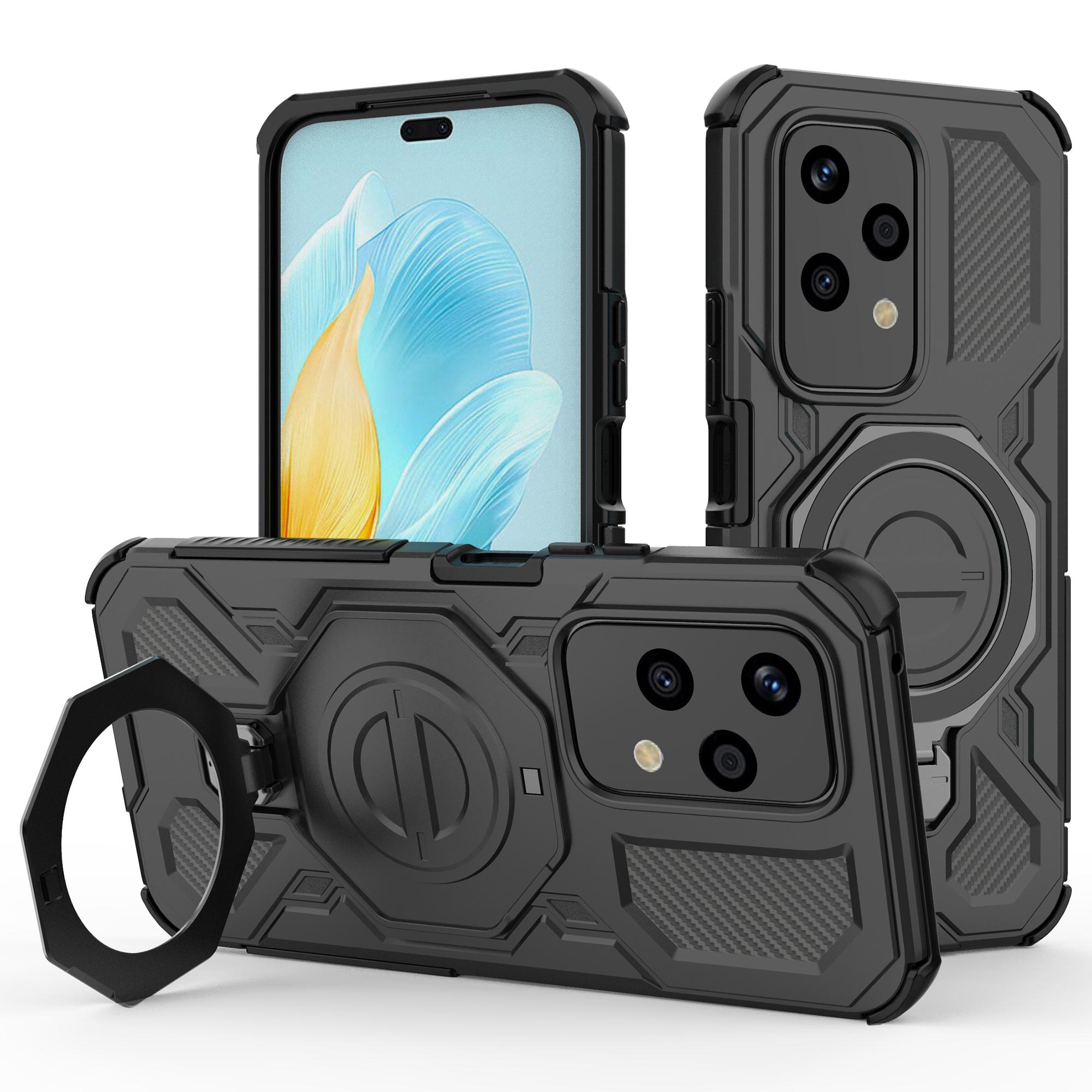 

For Honor 200 Lite Magnetic Case Rotating Metal Kickstand PC+TPU Phone Back Cover Black