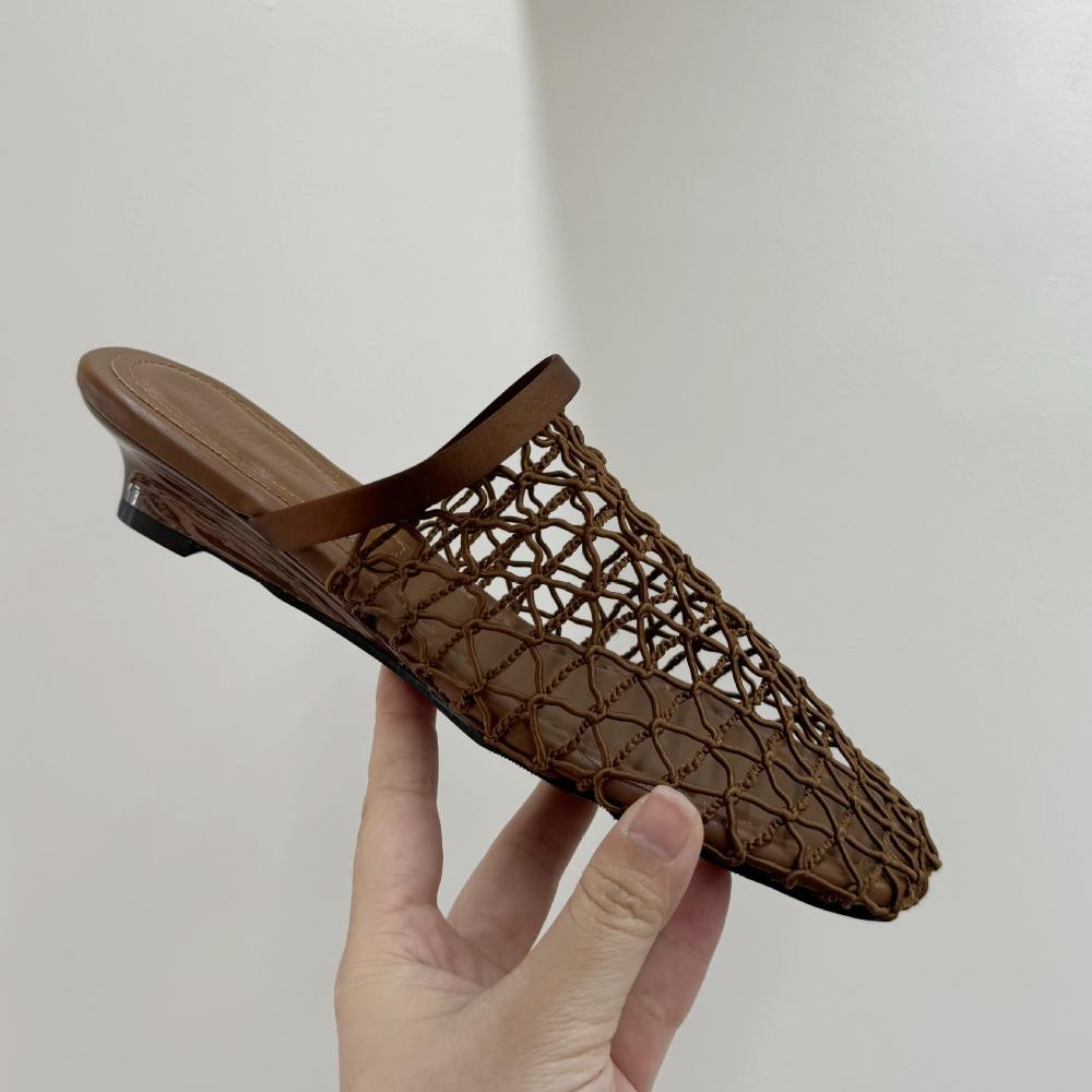Women Slippers Baotou Half Slippers Women's Outer Wear Summer New Mesh Hollow Sandals Breathable Slope Heel Fishing Net Shoes
