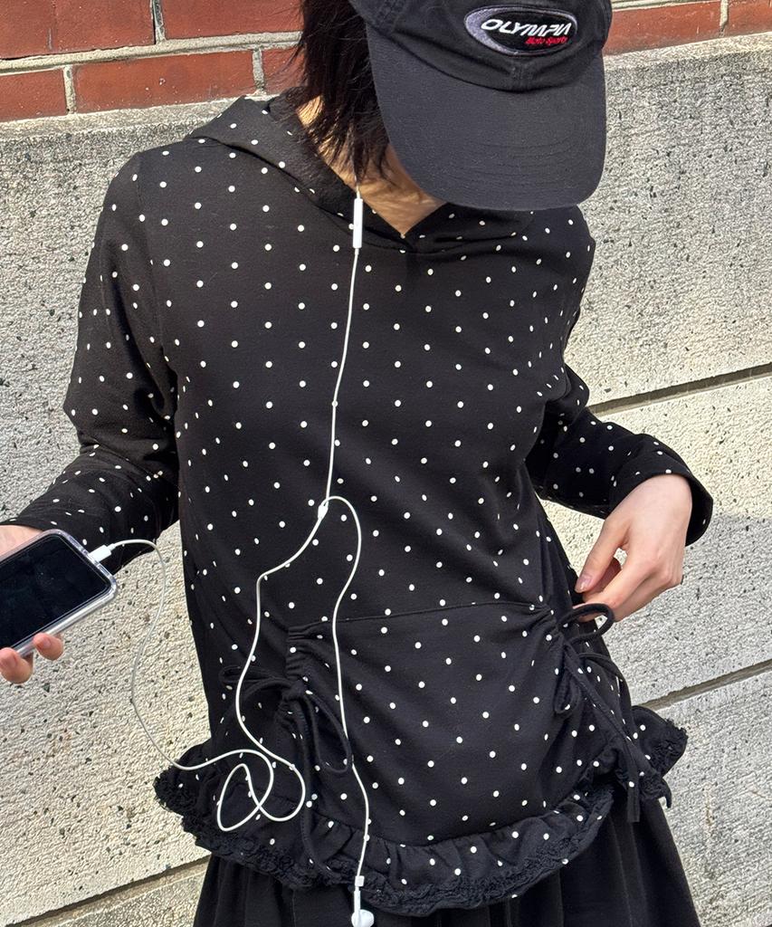 Frill Ribbon Hoodie Black Dot