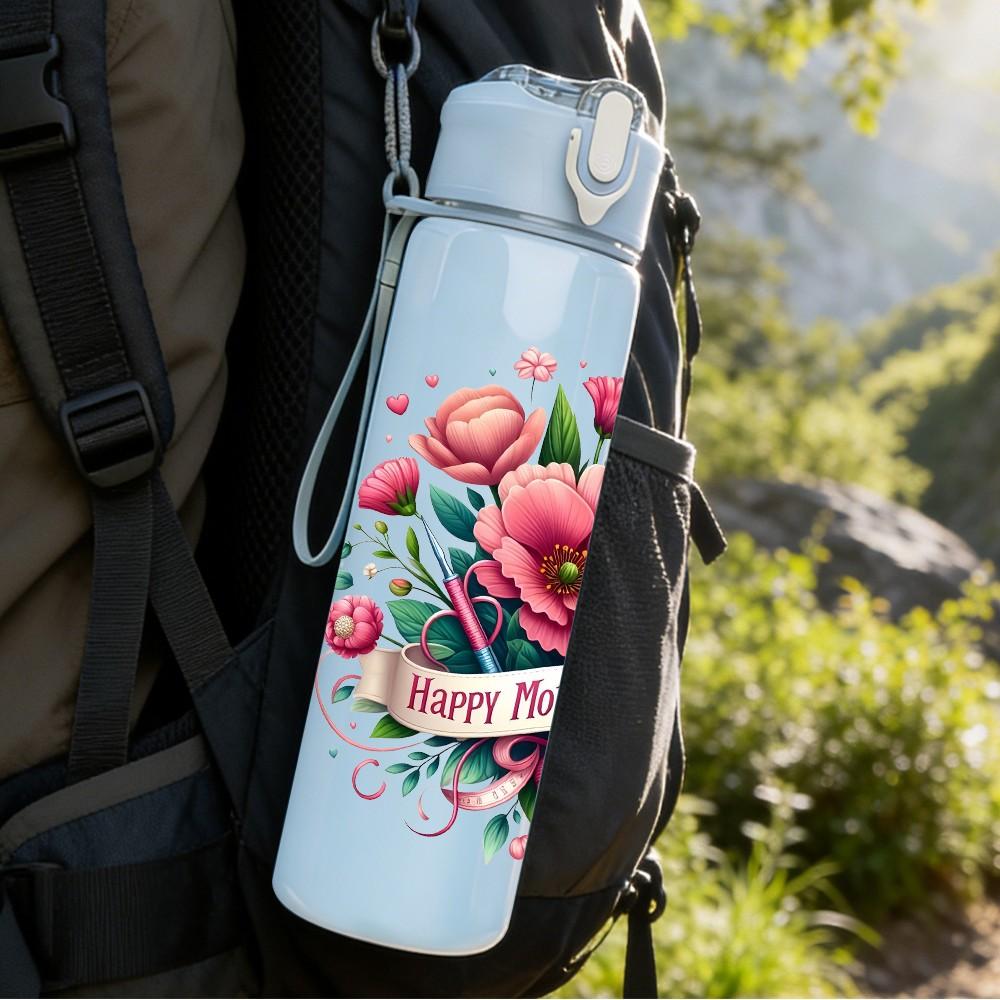 1PC Peony Rose Bouquet Floral Pattern 750ml Color Plastic Sports Water Bottle Leakproof Flip Straw Lid Suitable for Sports Office Home Use
