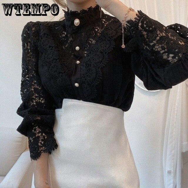 Bluză de damă din dantelă cu mânecă petale Bluză de damă scoasă cu nasturi șic Bluză din dantelă florală cu mozaic Topuri de damă