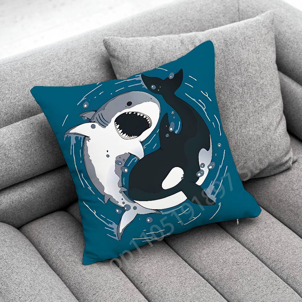 Funny Cartoon Blue Shark Throw Pillow Case For 50cm 40cm 55cm 45*45cm 30cm Square Bedroom Pillowcase Cover