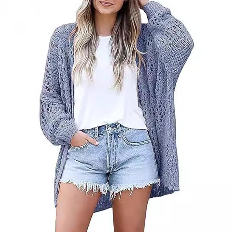 Women Knit Sweater Cardigan Beach Full Sleeve Hollow Out Jumper Straight Solid Casual Elegant Coat Knitted Outwear