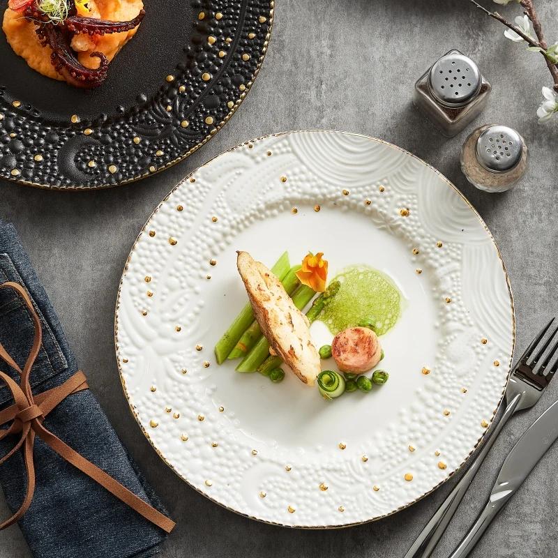 11 Inch Luxury Relief Art Gold Bead Ceramic Dining Plate, Circular Western Steak Plate, Main Dish Plate, Pasta, Dessert Plate