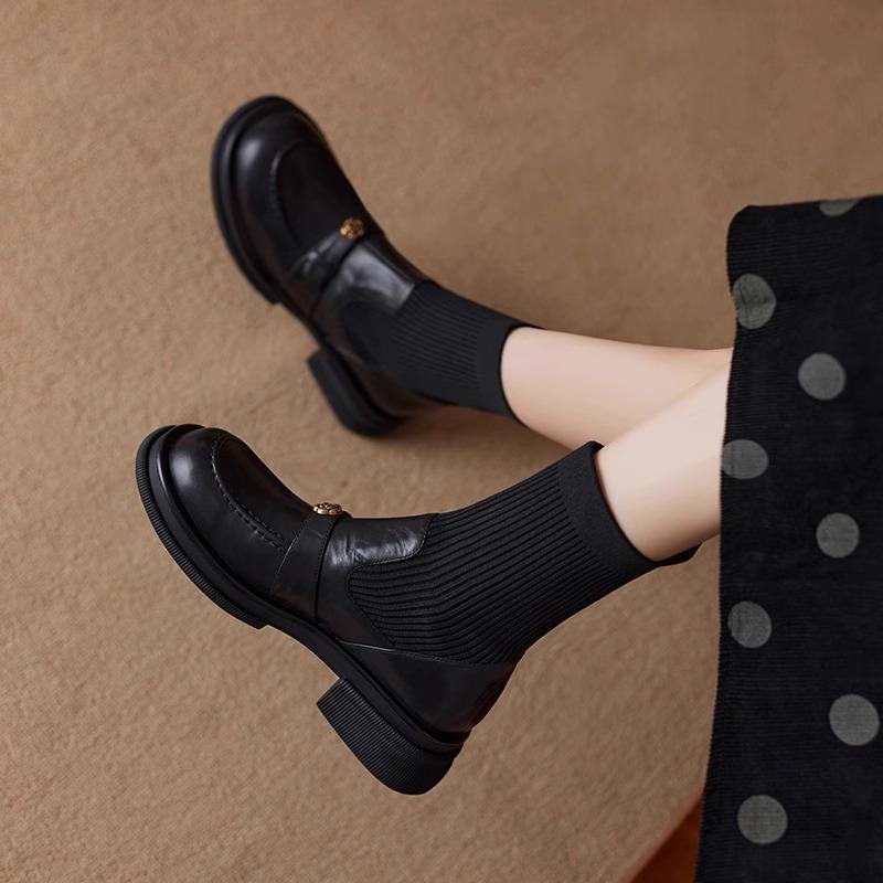 British Style Thin Boots Women's 2025 Autumn and Winter New Knitted Elastic Socks Boots Flat Short Boots Academy Style Loafers