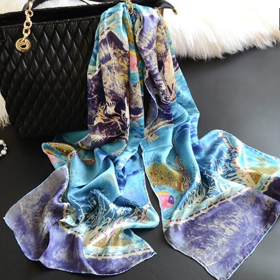 100% Silk Scarf For Women Long Print Luxury Natural Silk Shawls Wraps Floral Printed Ladies Neckscarf Pure Real Silk Scarves