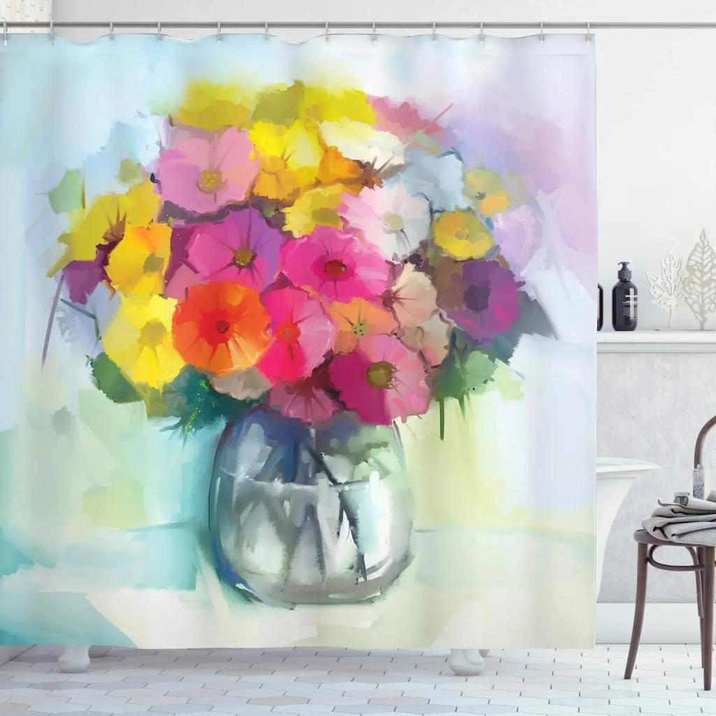 Waterproof Bath Shower Curtain Stained Glass Meadow Flower Dragonfly Polyester Fabric Bathtub Curtain Home El Bathroom Bath Shower Curtain
