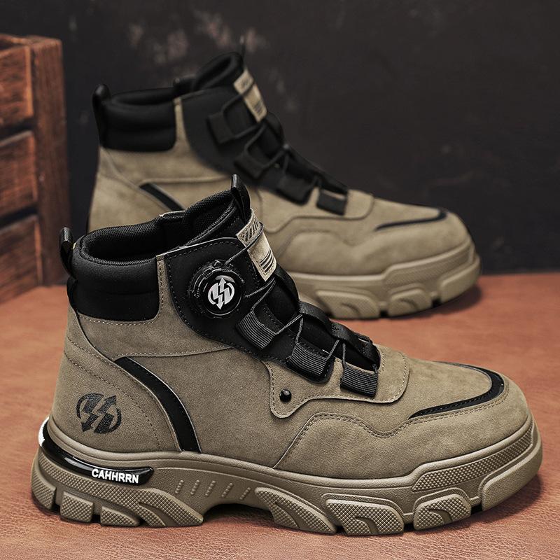 

Rotating button big yellow boots autumn and winter new leather high-top windproof outdoor sports fashion Martin boots trendy men s boots 39