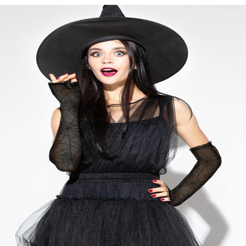 Fancy Thin Halloween Gloves Gothic Lolita Spider Web Gloves Long Half-Finger Mesh Mitten Cosplay