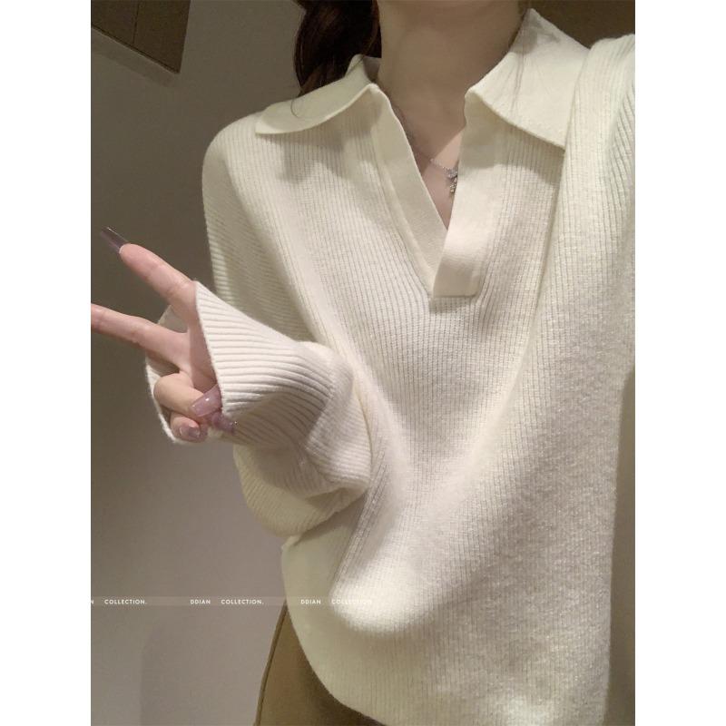 Solid color polo lapel top spring slack soft waxy and thin bottoming shirt with knitted sweater inside women