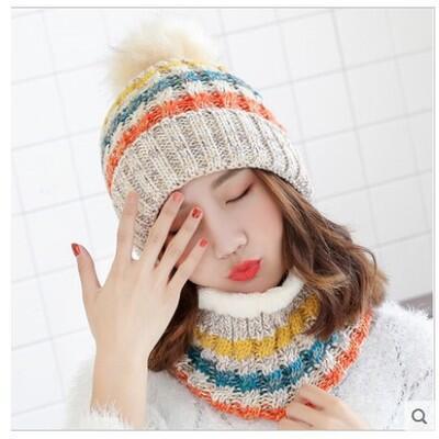 Hat Ladies Winter Trendy Autumn Winter Cute Versatile Knitted Mask Scarf Fleece Cycling Ear Protector Wool Cap